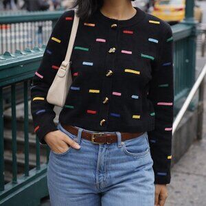 Vintage J.S.S. Made in USA Wool Cardigan Colorful Dash Knit Retro Sweater S